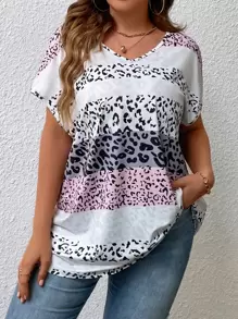SHEIN LUNE 大碼豹紋印花撞色蝙蝠袖T恤 - 彩色 - 查看 1
