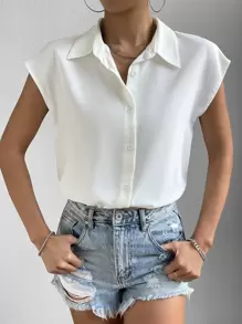 SHEIN Frenchy 素色前紐扣蝙蝠袖襯衫 - 白色 - 查看 3