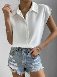 SHEIN Frenchy 素色前紐扣蝙蝠袖襯衫 - 白色 - 查看 4