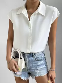 SHEIN Frenchy 素色前紐扣蝙蝠袖襯衫 - 白色 - 查看 6