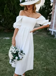 Aveloria Rosie Square Neck Shirred Detail Puff Sleeve A-Line Dress Vacation Outfits Woman  - White - View 4