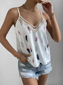 SHEIN LUNE Áo hai dây Tương phản ren Đồ họa Giải trí - trắng - Xem 4