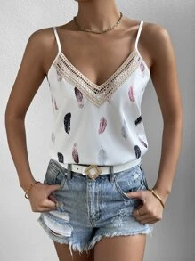 SHEIN LUNE Áo hai dây Tương phản ren Đồ họa Giải trí - trắng - Xem 5