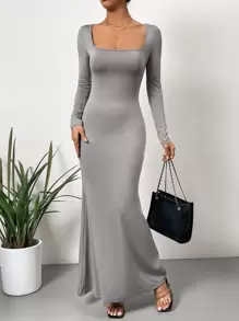 SHEIN Privé 方領魚尾裙下擺連衣裙 - 灰色 - 查看 1