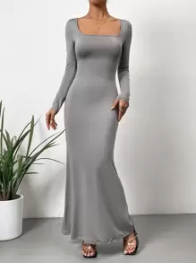 SHEIN Privé 方領魚尾裙下擺連衣裙 - 灰色 - 查看 4