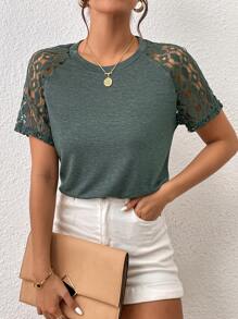 SHEIN Frenchy Camiseta con encaje en contraste de manga raglán - Verde - Ver 4