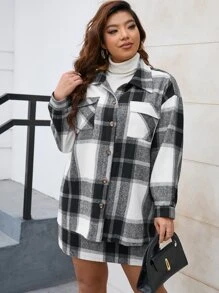 Calvaya Abrigo con estampado de cuadros de hombros caídos con bolsillo con solapa & Falda