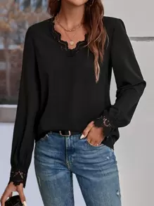 SHEIN LUNE Guipure Lace Trim Blouse - Black - View 1