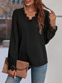 SHEIN LUNE Guipure Lace Trim Blouse - Black - View 3