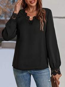 SHEIN LUNE Guipure Lace Trim Blouse - Black - View 5