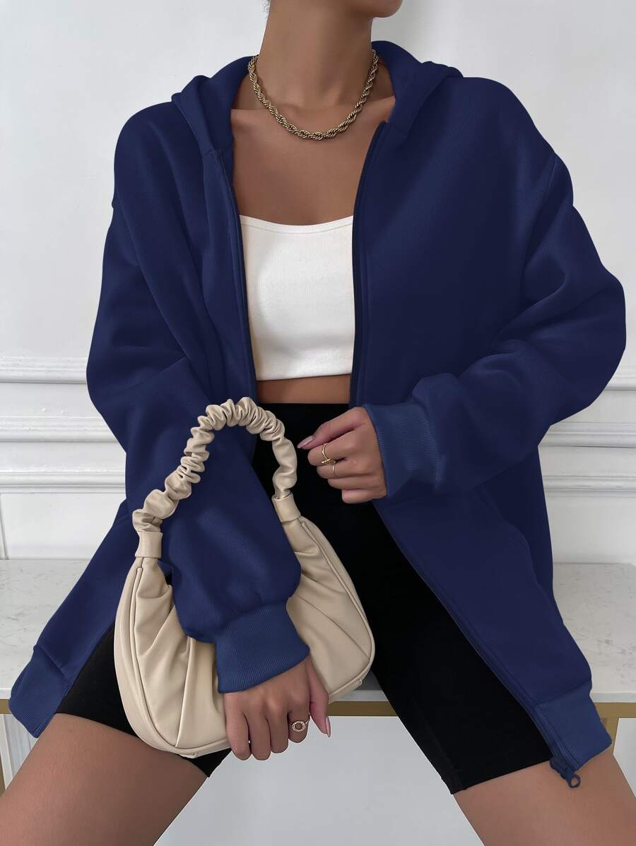 SHEIN Unity Solid Drop Shoulder Zip Up Thermal Hoodie - Navy Blue - View 1