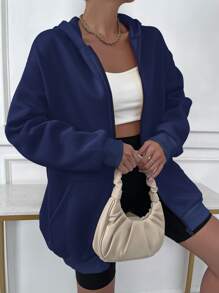 SHEIN Unity Solid Drop Shoulder Zip Up Thermal Hoodie - Navy Blue - View 3