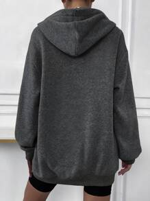 SHEIN Unity Women's Solid Color Drop Shoulder Long Sleeve Zipper Front Pocket Casual Hoodie, Autumn/Winter - Dark Grey - View 2