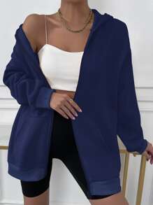 SHEIN Unity Solid Drop Shoulder Zip Up Thermal Hoodie - Navy Blue - View 4