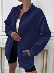 SHEIN Unity Solid Drop Shoulder Zip Up Thermal Hoodie - Navy Blue - View 5