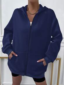 SHEIN Unity Solid Drop Shoulder Zip Up Thermal Hoodie - Navy Blue - View 6