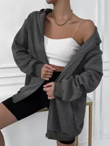 SHEIN Unity Women's Solid Color Drop Shoulder Long Sleeve Zipper Front Pocket Casual Hoodie, Autumn/Winter - Dark Grey - View 5