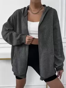 SHEIN Unity Women's Solid Color Drop Shoulder Long Sleeve Zipper Front Pocket Casual Hoodie, Autumn/Winter - Dark Grey - View 6