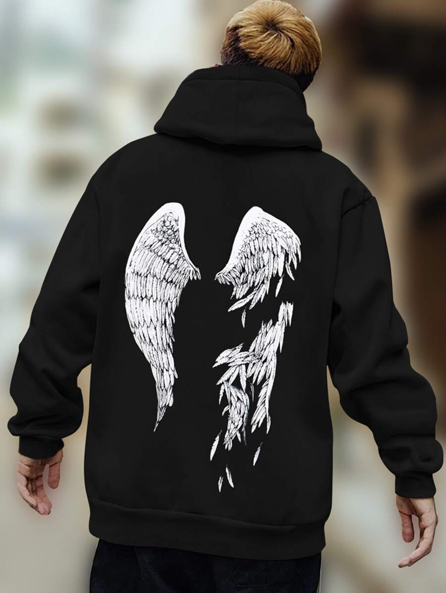 Manfinity EMRG Loose Fit Men's Angel Wings Print Hooded Sweatshirt With Drawstring - Black - View 1