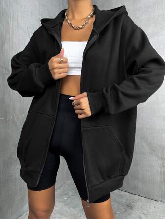 Solid Drop Shoulder Zip Up Thermal Hoodie,Long Sleeve Tops Graduation,Back To School Outfits,Graduation,Teacher Outfits For Women,Back To School