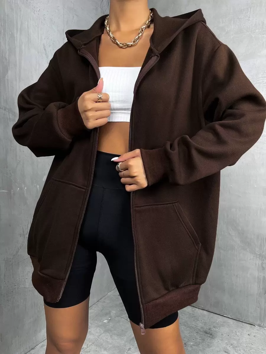 SHEIN Unity Solid Drop Shoulder Zip Up Thermal Hoodie,Long Sleeve Tops Pullover Fall Outfit - Chocolate Brown - View 1