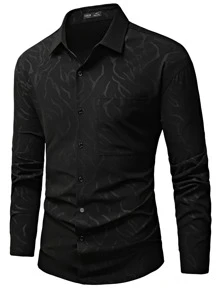 Manfinity LEGND Men Jacquard Button Front Long Sleeve Black Casual Shirt, Boyfriend Gift - Black - View 2