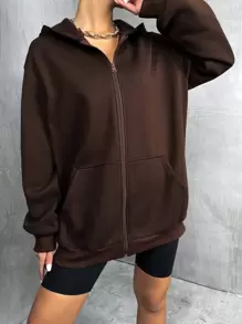 SHEIN Unity Solid Drop Shoulder Zip Up Thermal Hoodie,Long Sleeve Tops Pullover Fall Outfit - Chocolate Brown - View 4