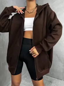 SHEIN Unity Solid Drop Shoulder Zip Up Thermal Hoodie,Long Sleeve Tops Pullover Fall Outfit - Chocolate Brown - View 5