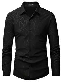 Manfinity LEGND Men Jacquard Button Front Long Sleeve Black Casual Shirt, Boyfriend Gift - Black - View 5