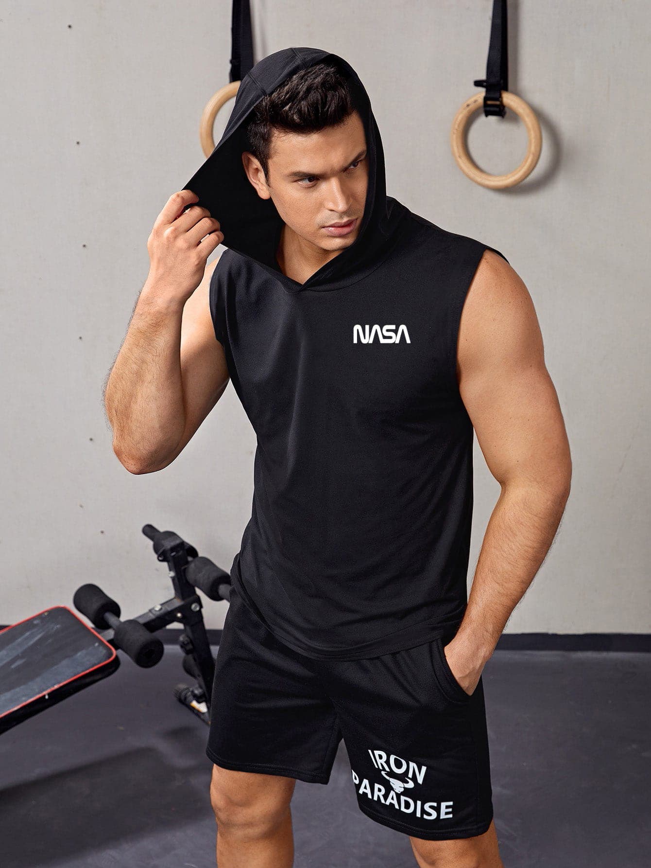 Fitness Men Letter Graphic Hooded Sports Tank Top - Black - View 1