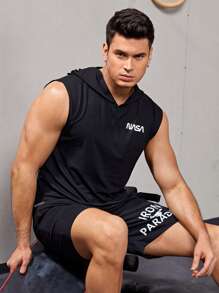 Fitness Men Letter Graphic Hooded Sports Tank Top - Black - View 3