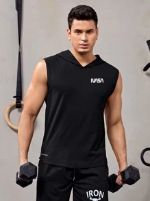 Fitness Men Letter Graphic Hooded Sports Tank Top - Black - View 5