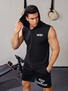 Fitness Men Letter Graphic Hooded Sports Tank Top - Black - View 6