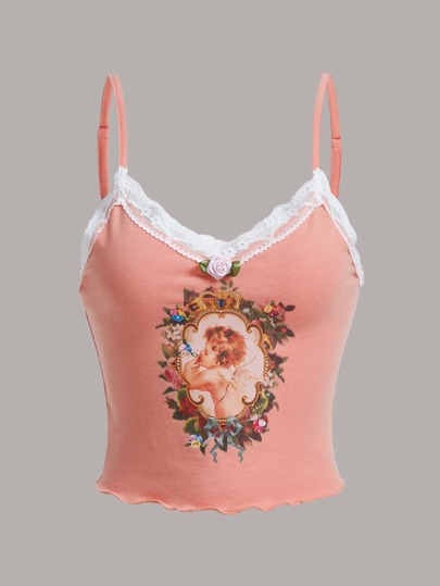 Top de tirantes con estampado floral & de figura con encaje en contraste aplique delantero