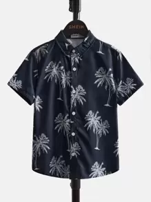 SHEIN Boys Tropical Button Up Shirt - Navy Blue - View 1