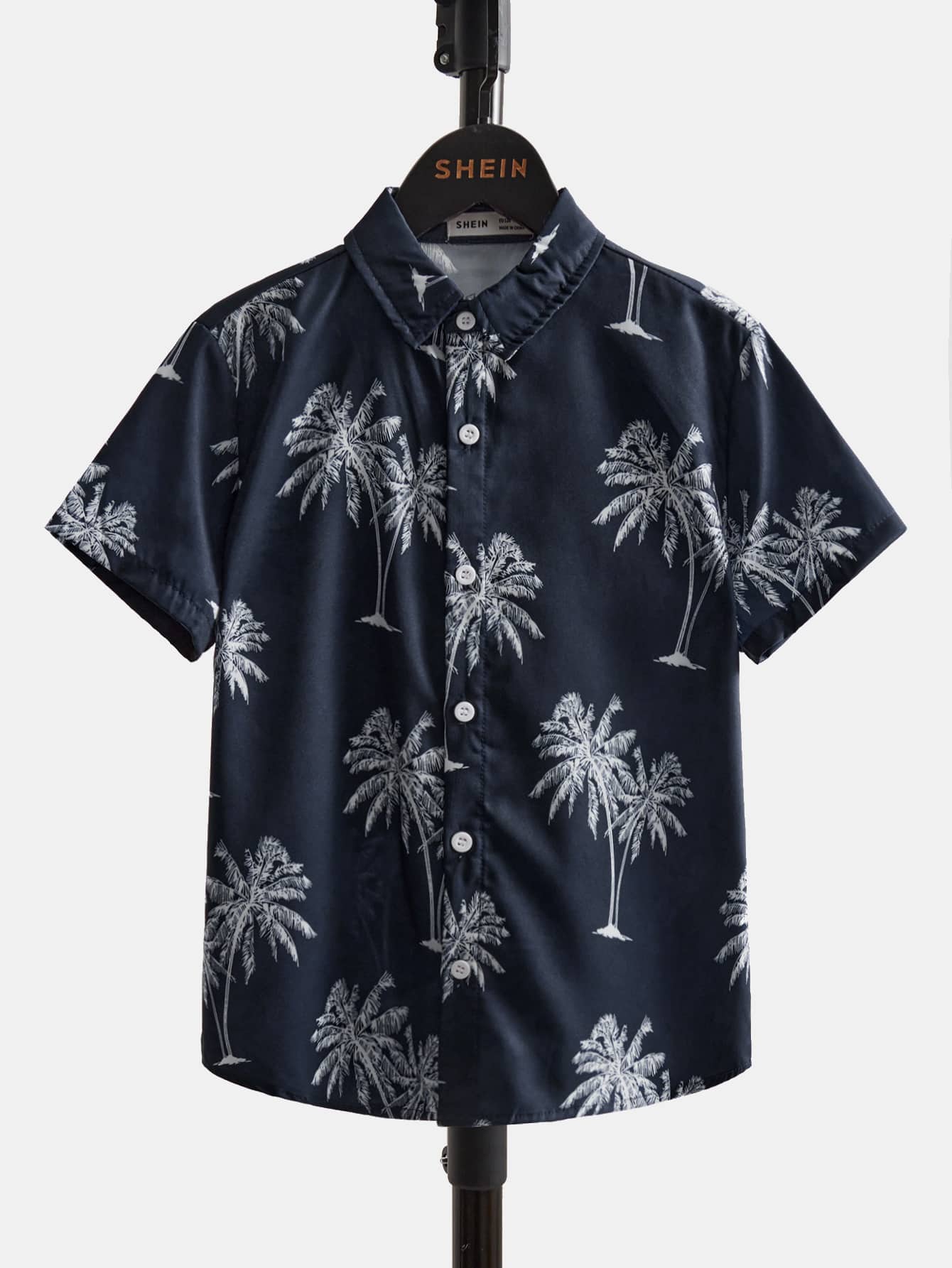 SHEIN Boys Tropical Button Up Shirt - Navy Blue - View 1