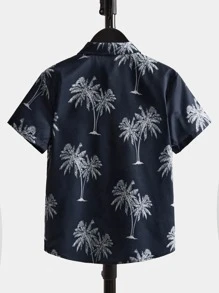 SHEIN Boys Tropical Button Up Shirt - Navy Blue - View 2