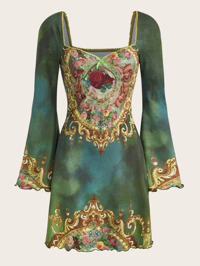 Vestido grunge con estampado floral de manga con volante escote corazón