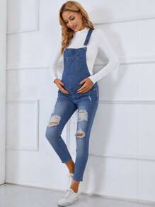 SHEIN Maternity Ripped Denim Dungarees Without Top - Medium Wash - View 4