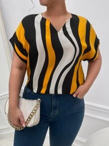 SHEIN Privé Plus Wave Striped Notched Neck Batwing Sleeve Blouse - Multicolor - View 1