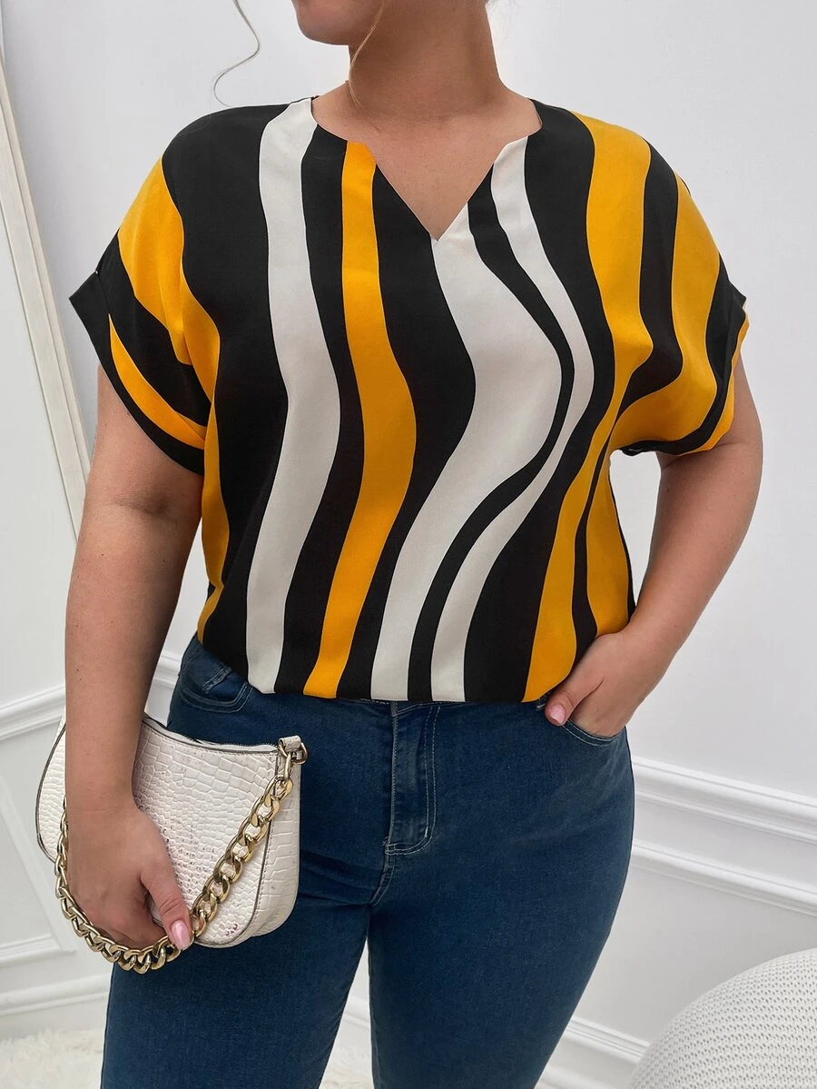SHEIN Privé Plus Wave Striped Notched Neck Batwing Sleeve Blouse - Multicolor - View 1