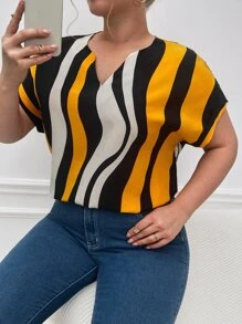 SHEIN Privé Plus Wave Striped Notched Neck Batwing Sleeve Blouse - Multicolor - View 3