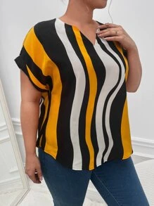 SHEIN Privé Plus Wave Striped Notched Neck Batwing Sleeve Blouse - Multicolor - View 5