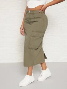 SHEIN SXY 高腰翻蓋口袋牛仔半身裙 - 軍綠色 - 查看 3