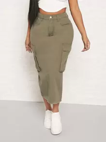 SHEIN SXY 高腰翻蓋口袋牛仔半身裙 - 軍綠色 - 查看 4