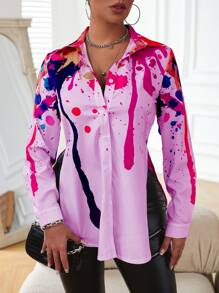 SHEIN LUNE Splash Painting Print Split Side Shirt - Lilac Purple - View 6