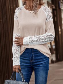 SHEIN LUNE Top con encaje de manga raglán - Rosa Pálido - Ver 3