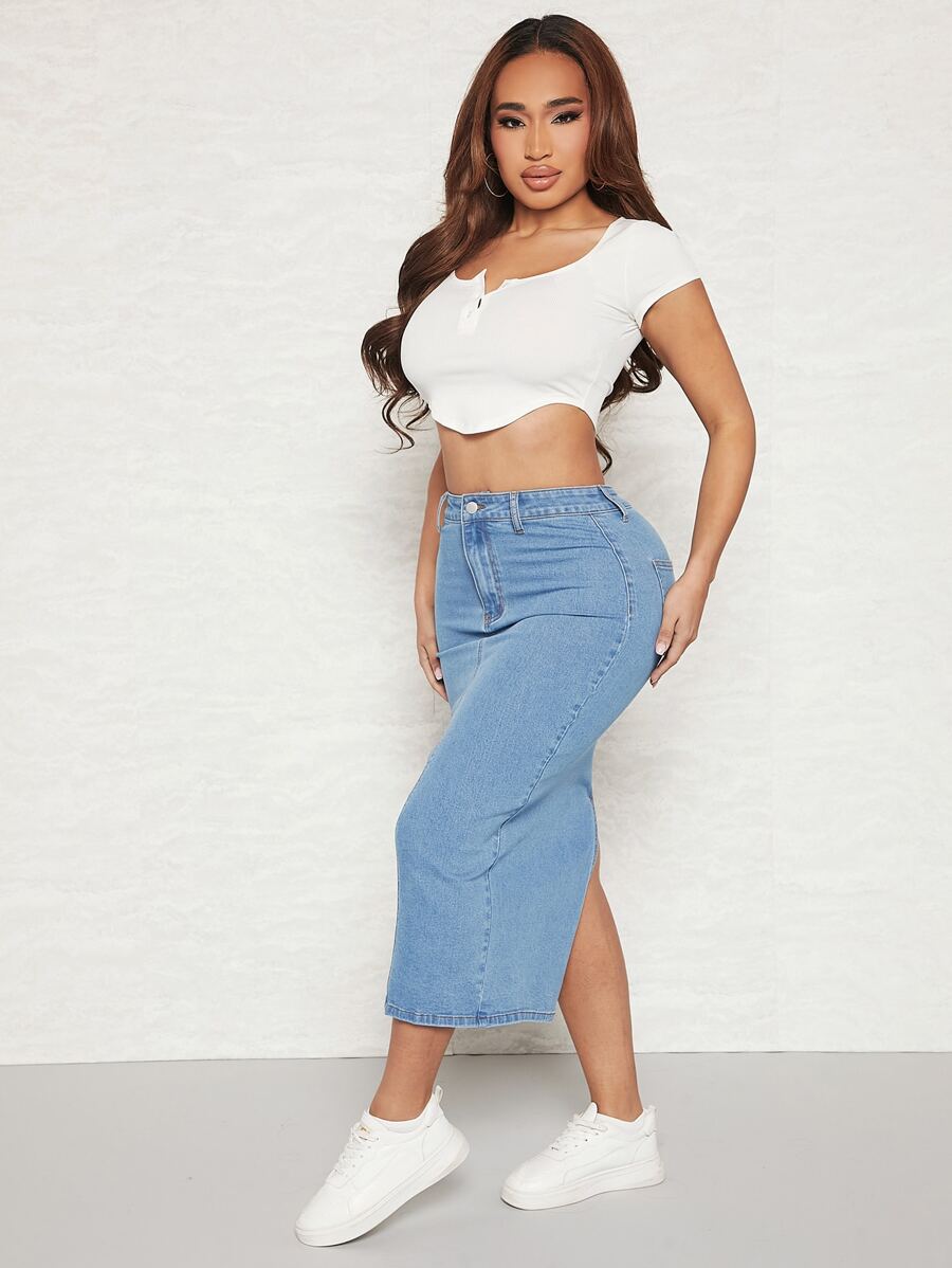 SHEIN SXY Váy denim nữ Túi Chia màu trơn - Rửa nhẹ - Xem 1