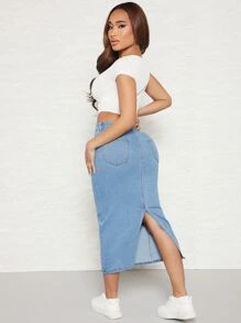 SHEIN SXY Váy denim nữ Túi Chia màu trơn - Rửa nhẹ - Xem 2