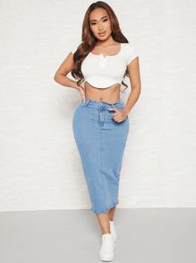 SHEIN SXY Váy denim nữ Túi Chia màu trơn - Rửa nhẹ - Xem 3